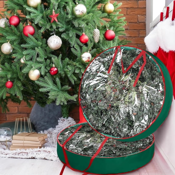 2 Pcs 48'' Christmas Wreath Storage Bag Clear Extra Large Wreath Storage Container Xmas Zippered Decorative Garland Box with Handles Jumbo Box Bag Holiday 600d Oxford(Green)