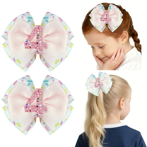 2 Pcs 4inch 4th Birthday Hair Bows for Girls 4 Years Old, Glitter Number Grosgrain Ribbon Clips for Birthday Parties & Cake Smash Photos