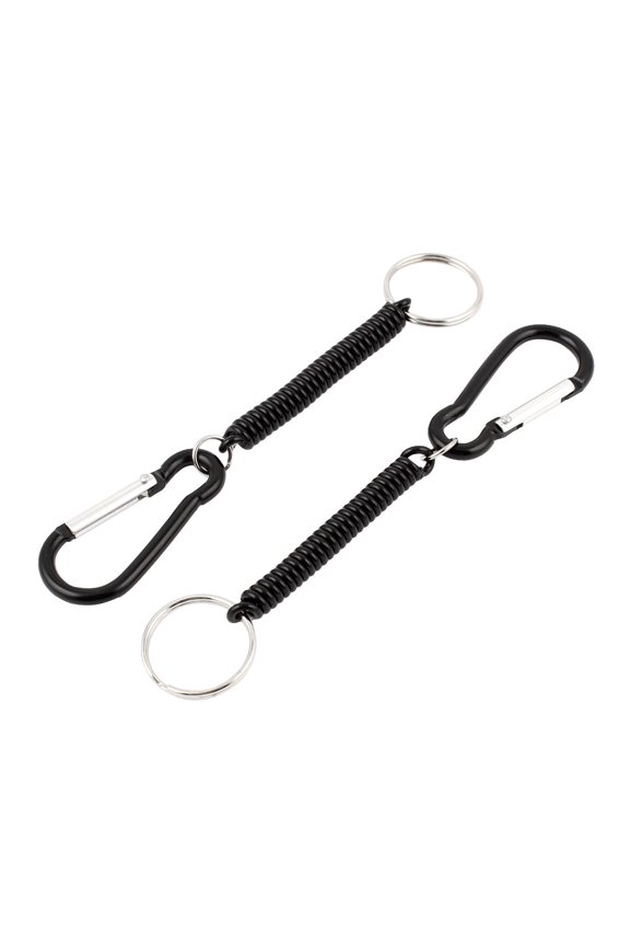 2 Pcs 5 Carabiner Hook Elastic Coil Key Chain Strap Rope Black