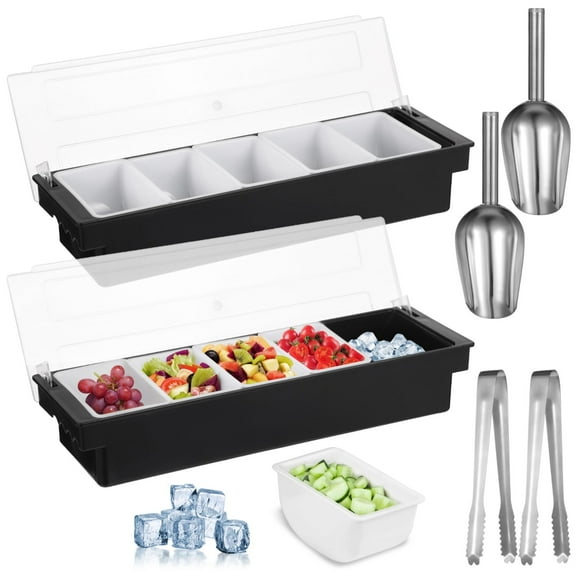 2 Pcs 5-Compartment Condiment Dispensers, Chilled Fruit Veggie Caddies with Lids, Ice Cooled Food Serving Containers, Includes Tongs and Scoops, Bar Garnish Trays for Snacks and Sauce