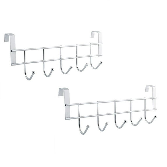 2 Pcs 5 Hooks Sturdy Space Saver Over The Door Hook Hanger Rack - Organise Bedroom, Bathroom, Closets - Hang Shirts, Coats, Towels, Robes, Hats, Silver