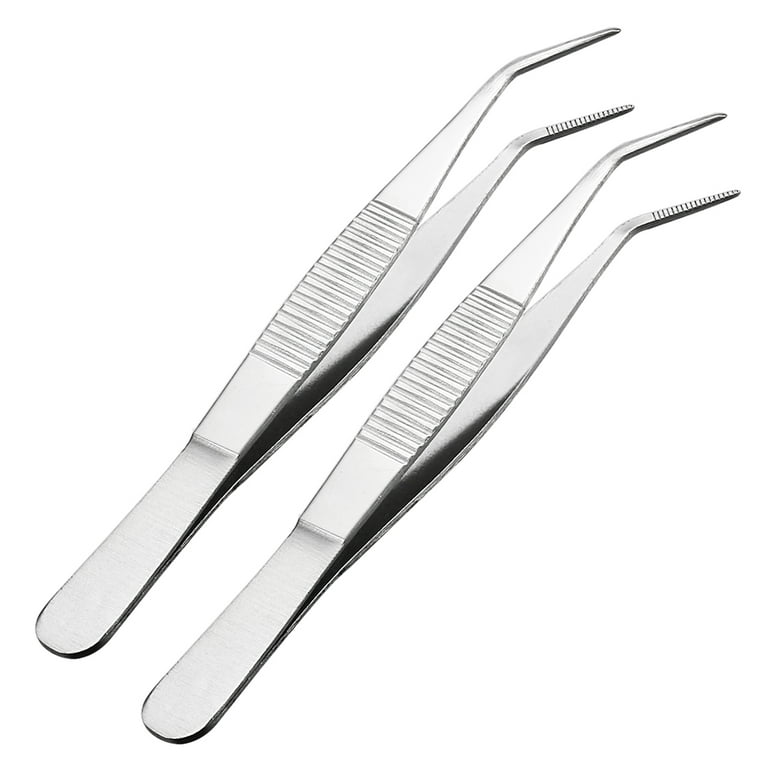 2 Pcs 5-Inch Stainless Steel Tweezers with Curved Pointed Serrated Tip