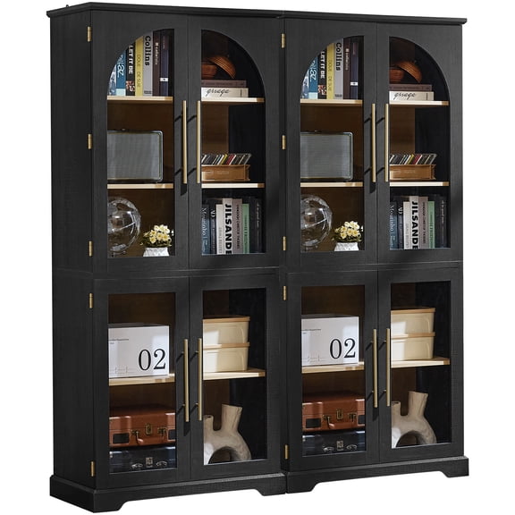 2 Pcs 5-Tier Bookshelf with Glass Door, Display Cabinet with Adjustable Shelves, Tall Storage Cabinet for Living Room, Modern Black Bookcase for Bedroom/Home Office