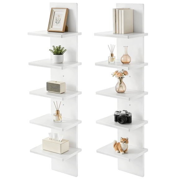 2 Pcs 5-Tier Floating Wall Shelf Units, 30.7 in White Plastic Display Storage Organizer, Easy Assembly for Living Room, Bedroom, Office, Bathroom Decor