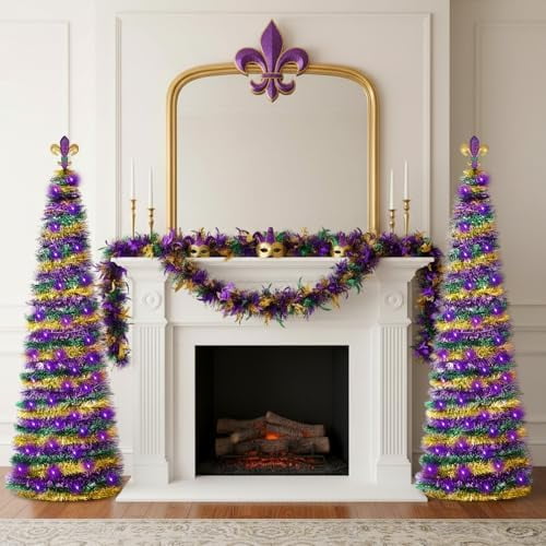 2 Pcs 5 ft Pop up Mardi Gras Tree with String Lights Collapsible Artificial Pencil Trees with Fleur-de-lis Glitter Metallic Tinsel Design for Home Indoor Outdoor Carnival Party Decor
