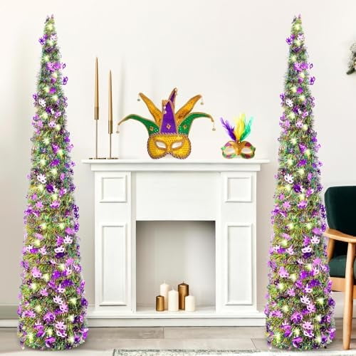2 Pcs 5 ft Pop up Mardi Gras Tree with String Lights Collapsible Tinsel Artificial Pencil Tree with Mask for Home Indoor Outdoor Carnival Holiday Party Supplies$$Home Decor, Kitchen, & Other
