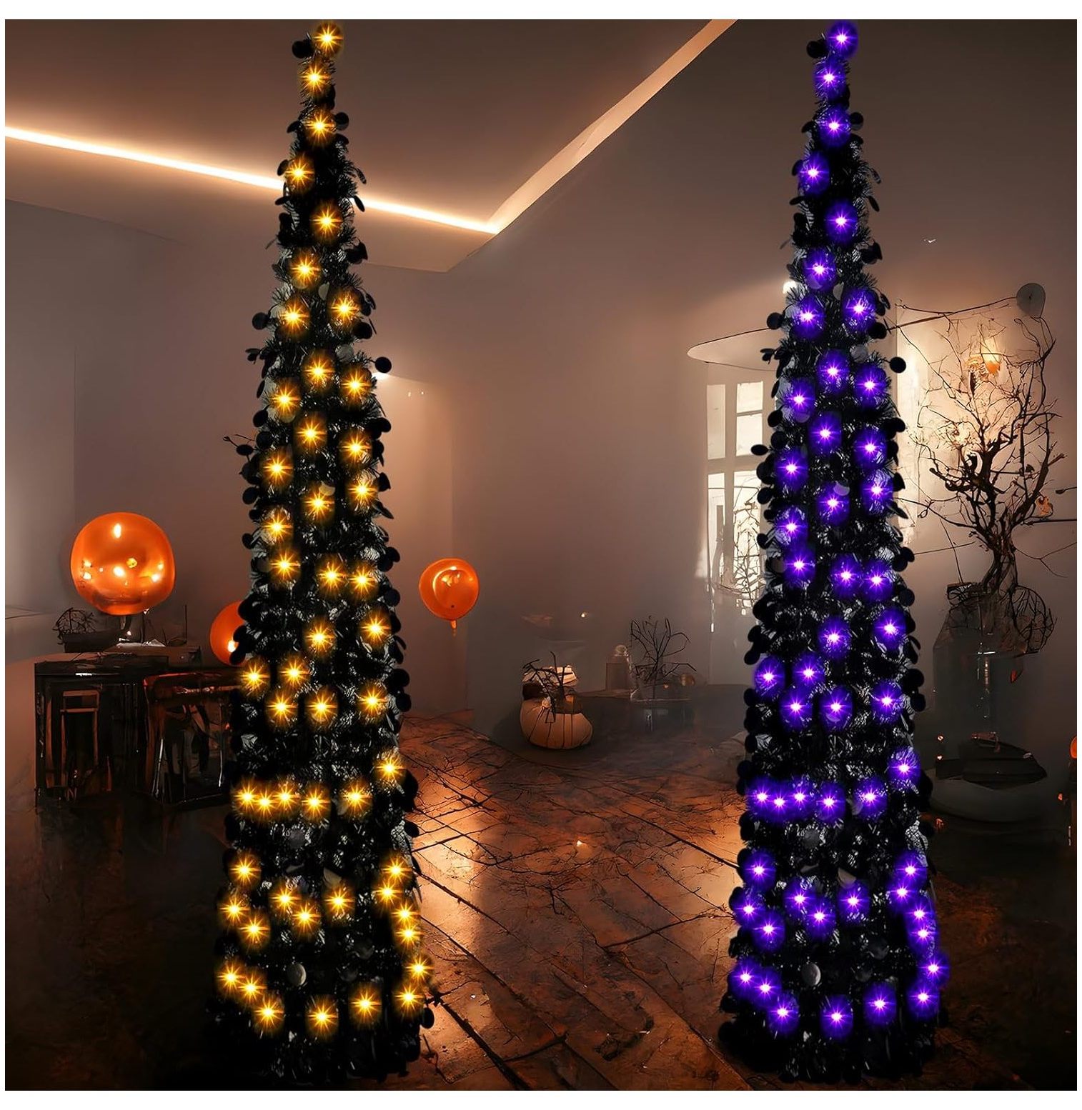 2 Pcs 5 ft Trees Black Tinsel Christmas Trees with 80 LED Lights