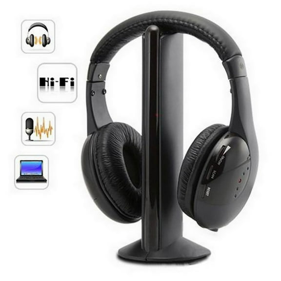 2 Pcs 5-in-1 Wireless Headphones with FM Radio & Transmitter for TV PC Laptop MP3 Chat Monitor 40mm Speaker 30m Range FM 86MHz Black Lightweight 150g