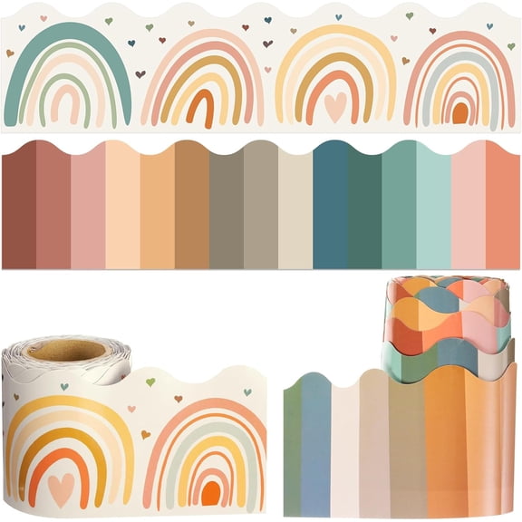 2 Pcs 59ft Pastel Bulletin Board Borders Pastel Rainbow Rolled Border Trim Boho Back to School Bulletin Board Decoration for School Classroom Offices