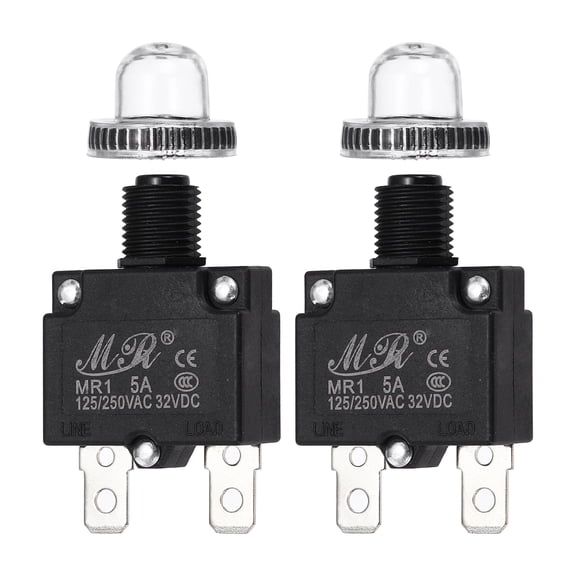 2 Pcs 5Amp Push Button Circuit Breaker,125/250V AC 32V DC with Waterproof Caps
