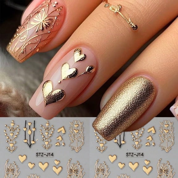 2 Pcs 5D Embossed Gold Foil Heart Shape Nail Art Stickers - Elegant Self-Adhesive Decals for DIY Manicure