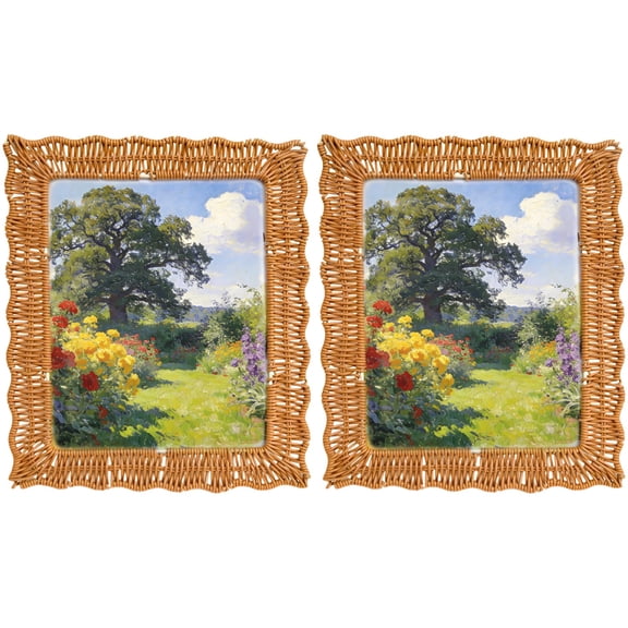 2 Pcs 5x7 Picture Frame Set, Wicker Weave Photo Frames with Wave Edge, Tabletop Display, Lightweight Plastic Rattan Photo Frames for Living Room, Bedroom, Brown