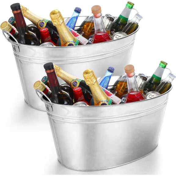 2 Pcs 6.3 Gallon Galvanized Beverage Tubs Large Drink Buckets for Parties Insulated Metal Ice Bucket with Handles Rustic Storage Container for Parties Beer Drinks, Silver