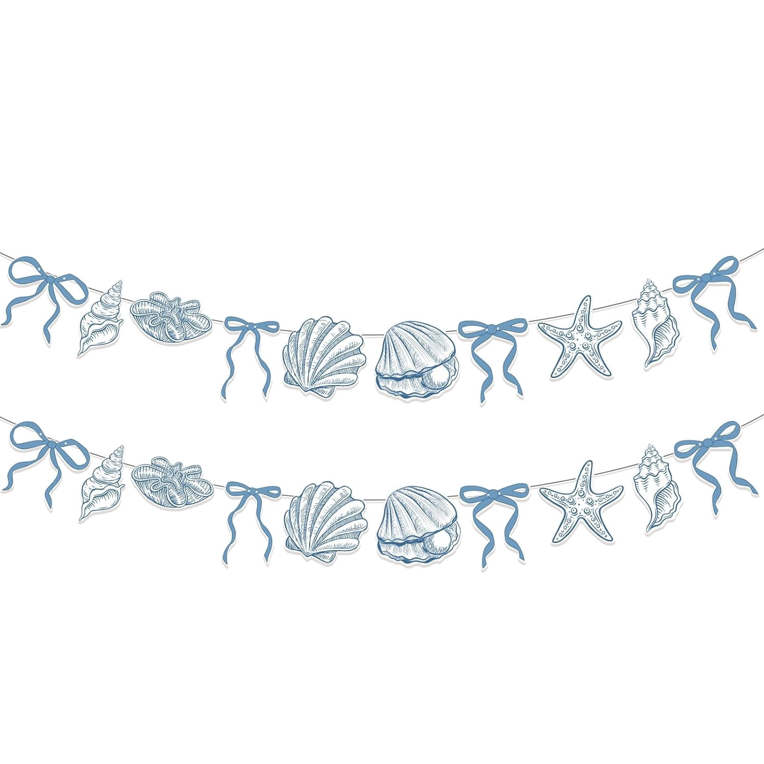 2 Pcs 6.56ft Blue Coastal Beach Seashell Hanging Banners, Bow Starfish Conch Garland for Birthday Wedding Baby Shower Summer Mermaid Party Decorations