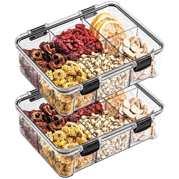 2 Pcs 6 Compartment Snack Containers, Reusable Easy Open Divided Food Storage Jars with Secure Lids, Ideal for School Lunch & Travel