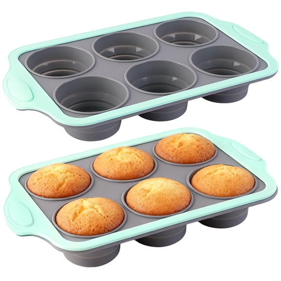2 Pcs 6-Cup Silicone Muffin Pan with Metal Frame, 11.4 x 6.7 x 1.6 in Cupcake Pan, Food-Safe Non-Stick Baking Mold for Muffin, Cupcake, Bread, Gray-Green