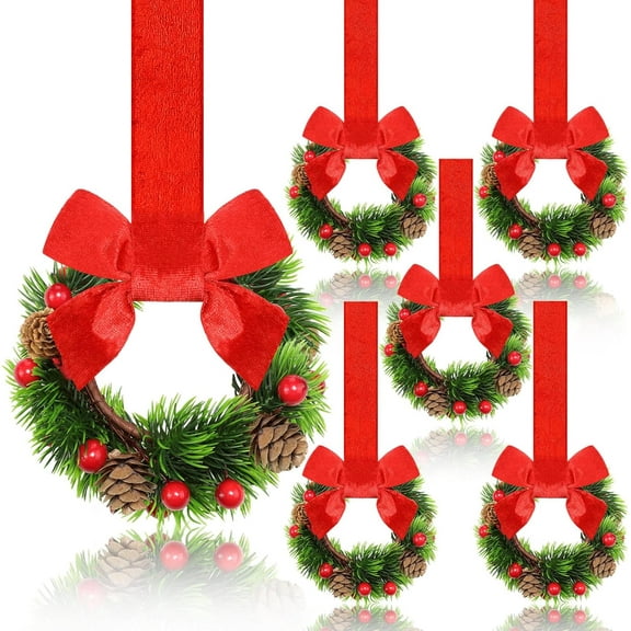 2 Pcs 6 Inch Christmas Mini Wreaths for Kitchen with Ribbon Bows Pinecone Small Cabinet Wreath Garland for Door Window Farmhouse Christmas Party Decorations