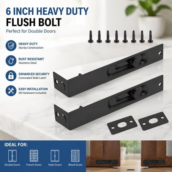 2 Pcs 6 Inch Heavy Duty Flush Bolt Locks, Stainless Steel Concealed Slide Door Latches for Double French Patio Wood Doors, Black