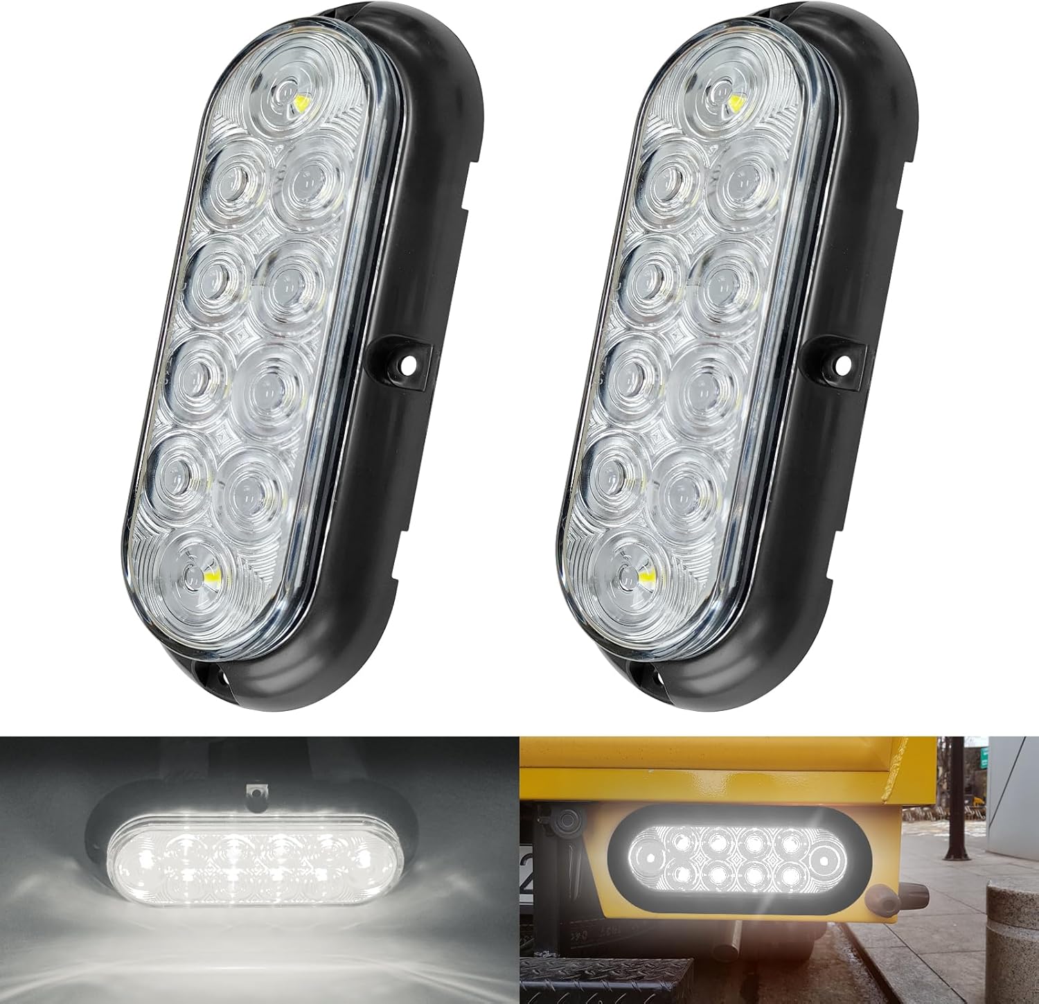 2 Pcs 6" Oval White 10LED Trailer Lights, Super Bright Stop Tail Turn