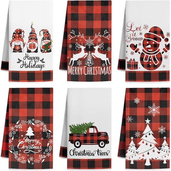 2 Pcs /6 Pcs Christmas Kitchen Towels, Snowman Tree Gnome Plaid Print Microfiber Dish Towels, Absorbent Soft Holiday Hand Tea Dishcloths for Kitchen Bathroom, Xmas Decorations Gifts