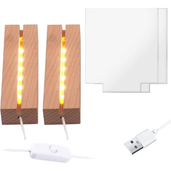 2 Pcs 6 inch Wood LED Light Base with Blank Acrylic Sheet Clear Cast Plexiglass for Signs DIY Display Warm Light