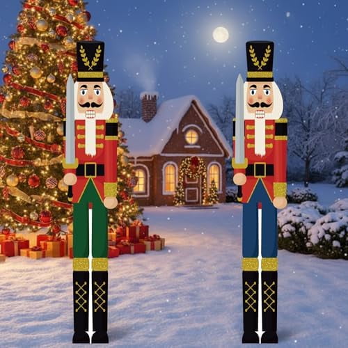 2 Pcs 6ft Large Christmas Nutcracker Outdoor Decoration PVC Nutcracker Yard Stakes Xmas Signs Life Size Soldier Stakes Ornament for Driveway Front Door Garden Yard Lawn Wall$$Garden & Patio
