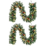 2 Pcs 6ft Pre-Lit Christmas Garland, with 40 Waterproof LED Light and Pine Cones and Berries, Battery Operated Garland 200 Branches Christmas Decoration for Xmas Holiday & Party