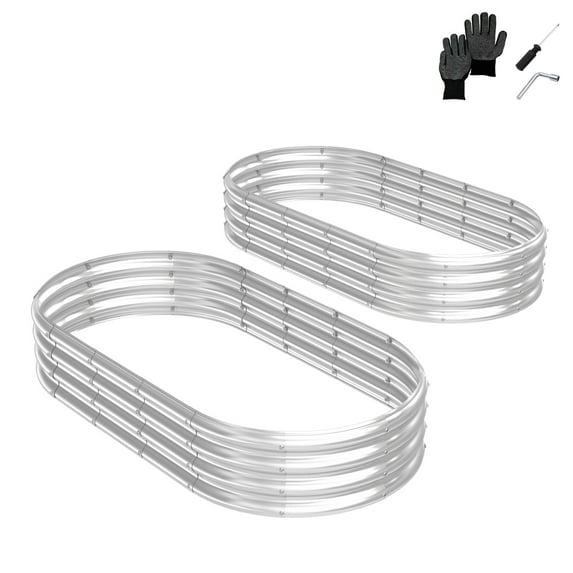 2 Pcs 6x3x1ft Oval Galvanized Raised Garden Bed, Outdoor Metal Planter Box for Vegetables, Fruits, Flowers, Silver, Anti-Rust, Open-Bottom Design
