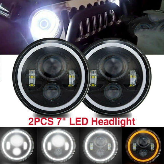 2 Pcs 7" Inch Round LED Headlights Halo Angle Eyes For Jeep Wrangler JK LJ TJ CJ