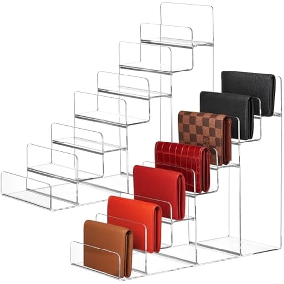 2 Pcs 7-Tier Acrylic Wallet Display Stands, Clear Riser Shelf for Purse Handbag Organizer, Space-Saving Trapezoid Organizer for Cell Phone, 13.4 x 11.4 x 4.3 in