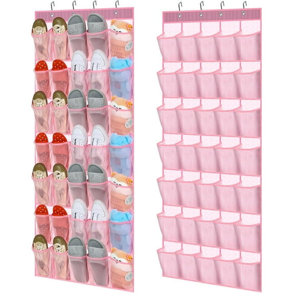 2 Pcs 70 Large over the Door Shoe Organizer Hanging Shoe Rack for Closet Holder Pink Mesh Pockets Behind Door Hanger Nonslip, Each with 35 Pockets