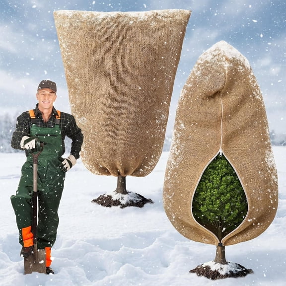 2 Pcs 70" x 45" Burlap Winter Plant Cover Bags Large Reusable Plant Covers Freeze Protection Bags with Zipper Drawstring for Outdoor Plants Fruit Tree Potted