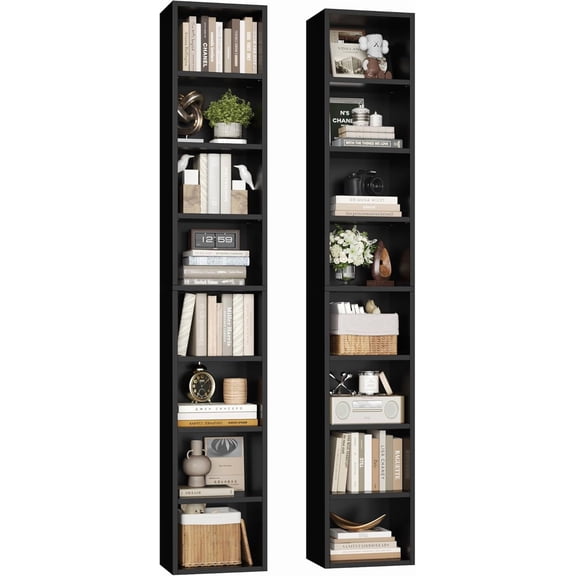 2 Pcs 71'' Tall Narrow Bookshelf, 8-Tier Media Tower Rack Set of 2, CD DVD Storage Cabinet with Adjustable Shelves, Tall Narrow Bookcase Skinny Display Bookshelf Slim Shelf, Black