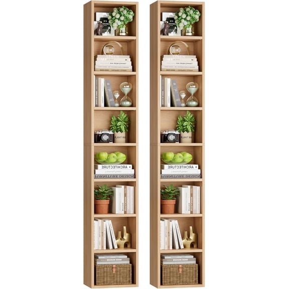 2 Pcs 71'' Tall Narrow Bookshelf, 8-Tier Media Tower Rack Set of 2, CD DVD Storage Cabinet with Adjustable Shelves, Tall Narrow Bookcase Skinny Display Bookshelf Slim Shelf, Natural