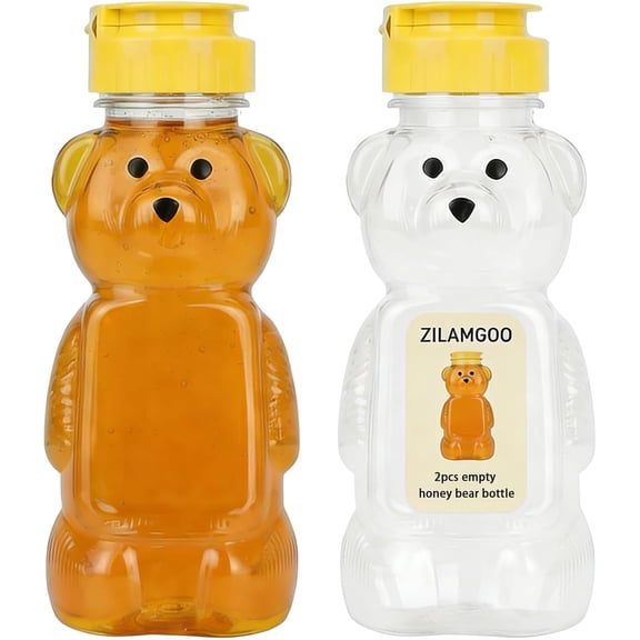 2 Pcs 8Oz Plastic Bear Honey Bottle Cup with Yellow Flip Top Lid Bear Shaped Jar Honey Squeeze Bottle Empty for Storing and Dispensing (8 oz/ 2pcs)