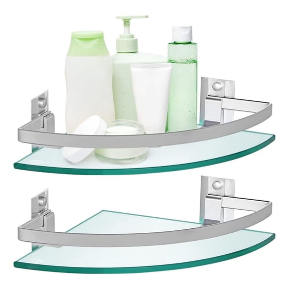 2 Pcs 8mm Tempered Glass Corner Shelf with Rail Brackets 9.5 x 9.5 Inch Floating Shower Caddy Wall Mounted Shampoo Holder Organizer for Bathroom Kitchen Living Room