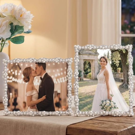 2 Pcs 8x10 Picture Frame with Pearl for Wedding Silver Plated Photo Frames with High Definition Glass Rhinestones Tabletop Wall Display for Wedding Gift Bridal Shower Engagement