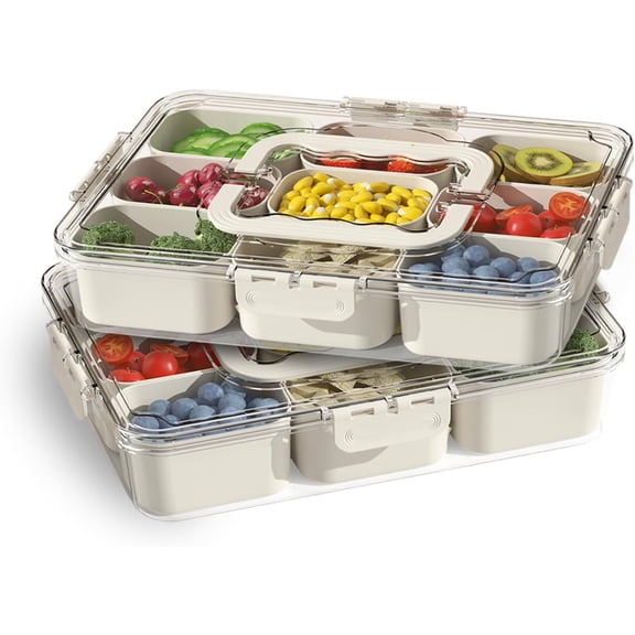 2 Pcs 9 Compartments Divided Serving Tray With Lid Clear Plastic Stackable Snackle Box Container