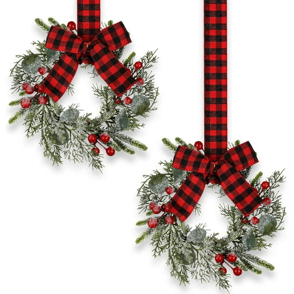 2 Pcs 9" Small Christmas Wreath Mini Cabinet Wreaths for Kitchen Christmas Red Berry with Red and Black Plaid Bow Farmhouse Wreath for Holiday Christmas Party Decorations