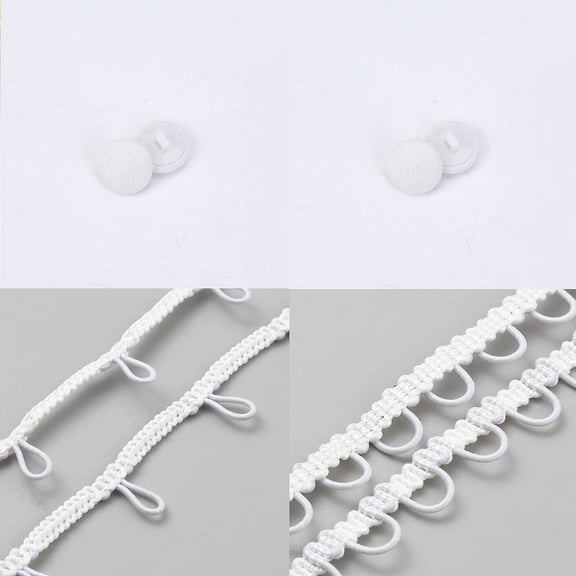 2 Pcs 9 Yards White Elastic Braid Fringe Tassel Buttonhole Loops Trim Ribbon with 40Pcs Cloth Fabric Covered Buttons for Sewing Making Bridal Wedding Dress Clothes Decor DIY Craft Supply DIY