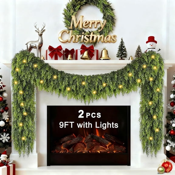 【2 Pcs】 9FT Cedar Garland with Lights, Prelit Christmas Garland Artificial Realistic, Real Touch Pine Christmas Garland for Mantle Stairs Outdoor Decoration, Battery Operated Faux Greenery Garlands