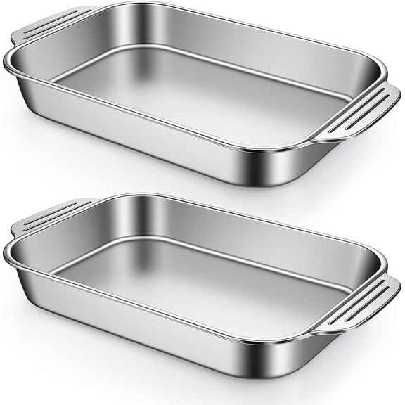 2 Pcs 9x13 Stainless Steel Baking Pan, Large Rectangular Cake Pan with Handle, Silver Bakeware for Fish Cakes Breads Chicken Vegetables
