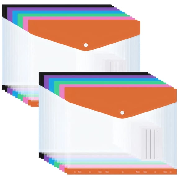 2 Pcs A4 File Bags, Transparent Plastic Envelopes with Snap Button, Large Capacity Binder Folders, Multi-Color Expandable Files Bag Document Pouches with Business Card Holder