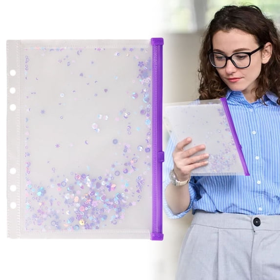 2 Pcs A5 Plastic Binder Zipper, 8.7"×6.7" Sequin Zipper Document Pouch, Transparent Receipt Storage Envelope, Clear Envelope Folders Planner, Waterproof Pouch Filing with Sequin Decor