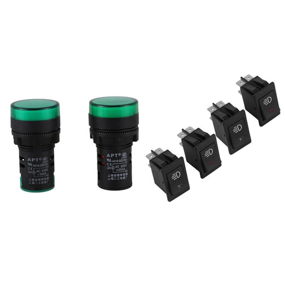 2 Pcs AC220V Green LED Power Indicator Pilot Signal Light with 4 Pcs 12V 35A Car Truck Boat Fog Light Rocker Switch