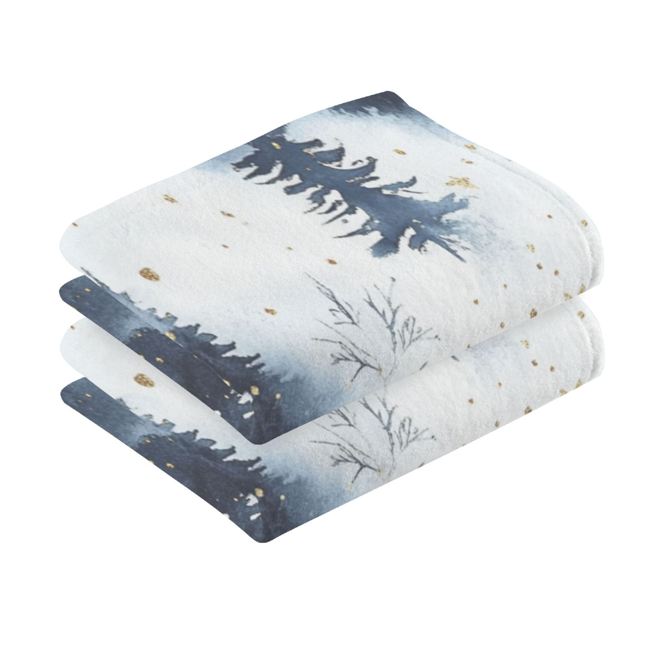 2 Pcs Absorbent Face Towel Bath Hand Towels Soft Breathable Cotton Towel Set for Bathroom Kitchen Hotel Spa Decor Watercolor Winter Wonderland Pattern