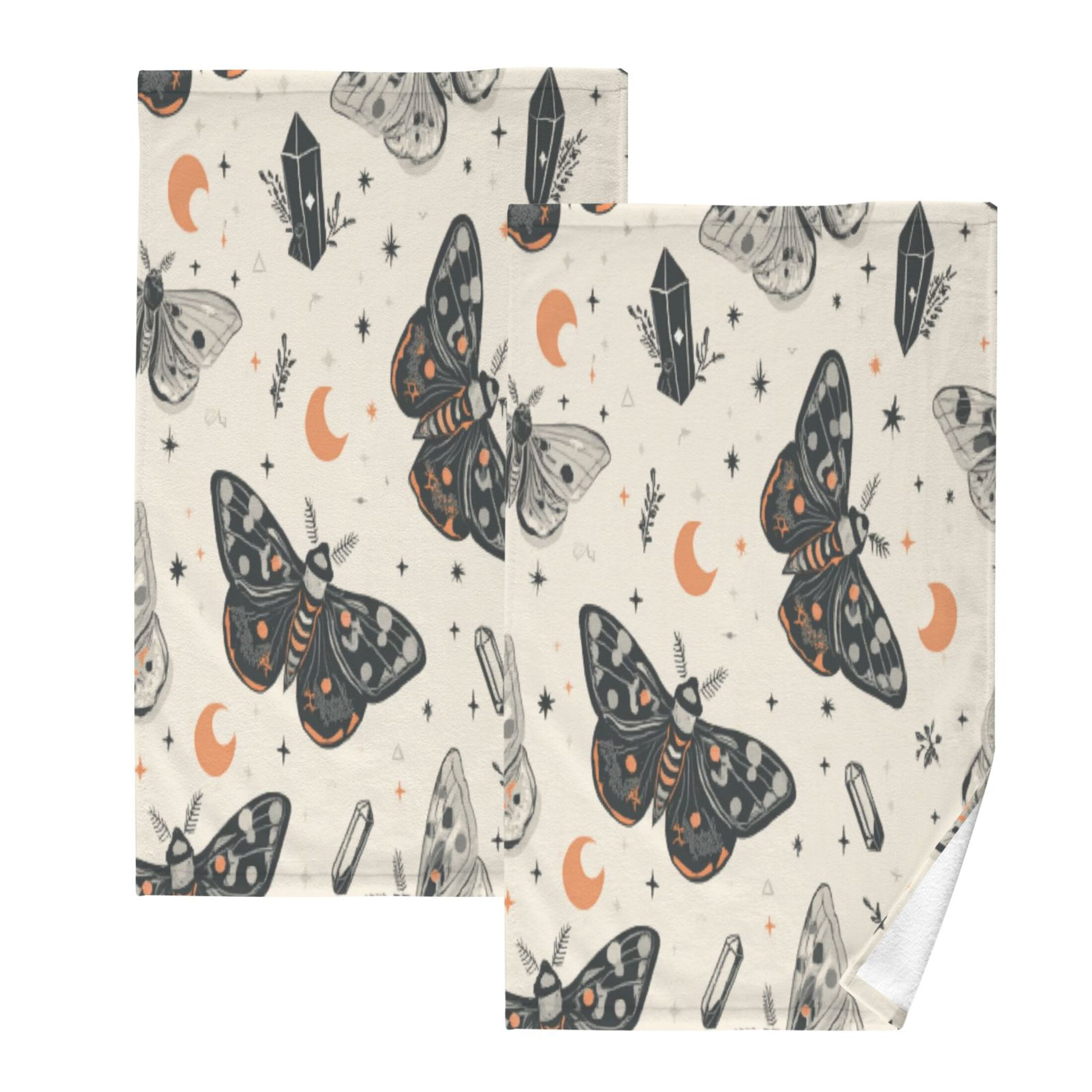 2 Pcs Absorbent Face Towel Bath Hand Towels Soft Breathable Cotton Towel Set for Bathroom Kitchen Hotel Spa Decor Black and White Moths