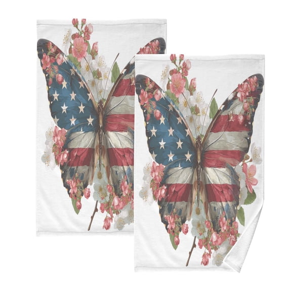 2 Pcs Absorbent Face Towel Bath Hand Towels Soft Breathable Cotton Towel Set for Bathroom Kitchen Hotel Spa Decor Butterfly with Flag Pattern