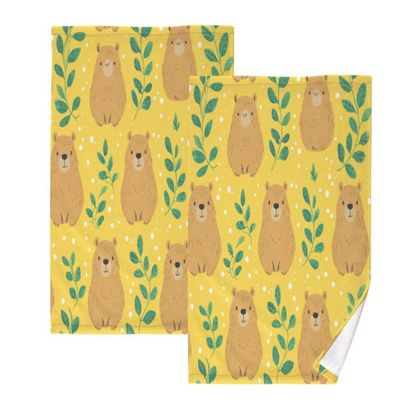 2 Pcs Absorbent Face Towel Bath Hand Towels Soft Breathable Cotton Towel Set for Bathroom Kitchen Hotel Spa Decor Capybara and Green Leaves
