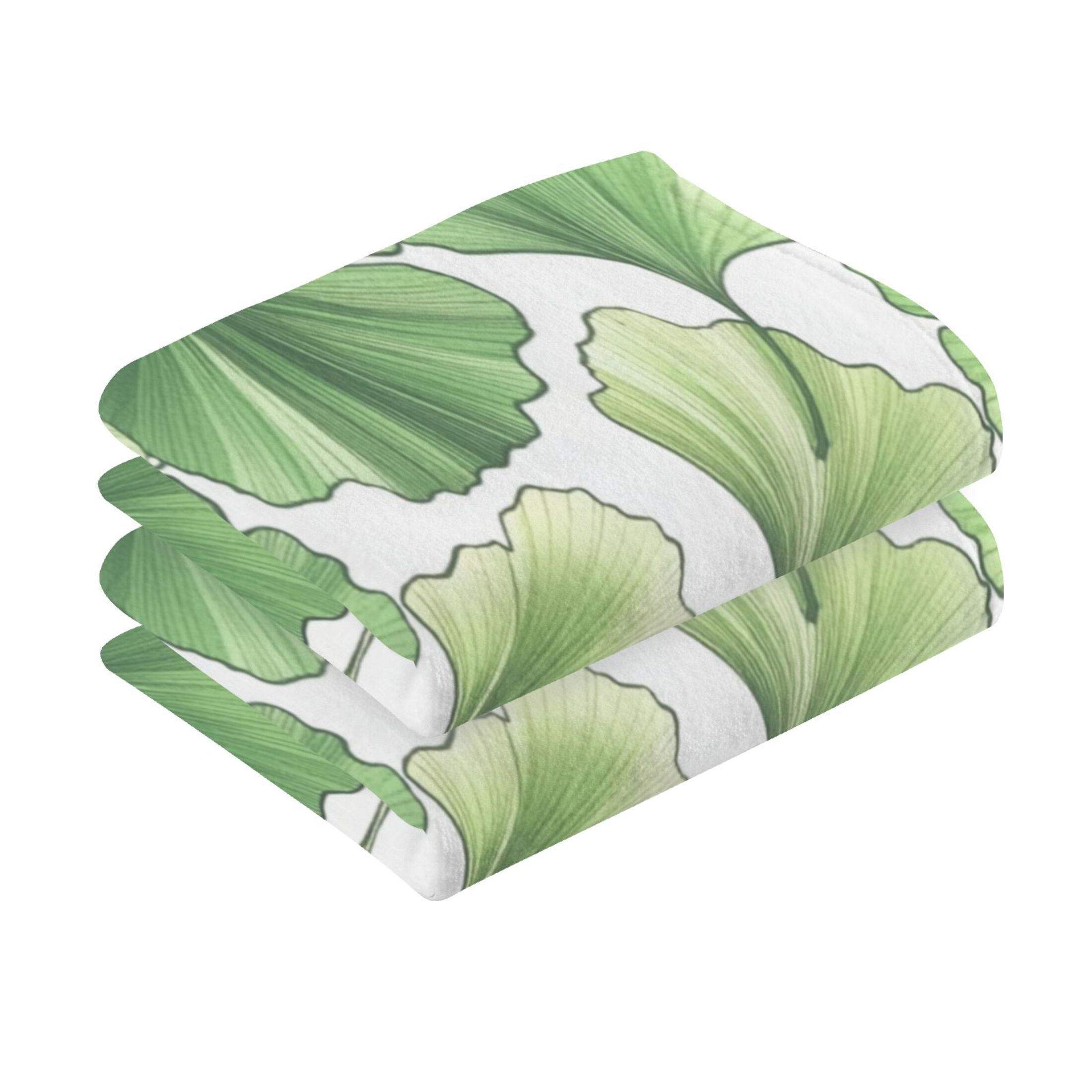 2 Pcs Absorbent Face Towel Bath Hand Towels Soft Breathable Cotton Towel Set for Bathroom Kitchen Hotel Spa Decor Green Ginkgo Biloba